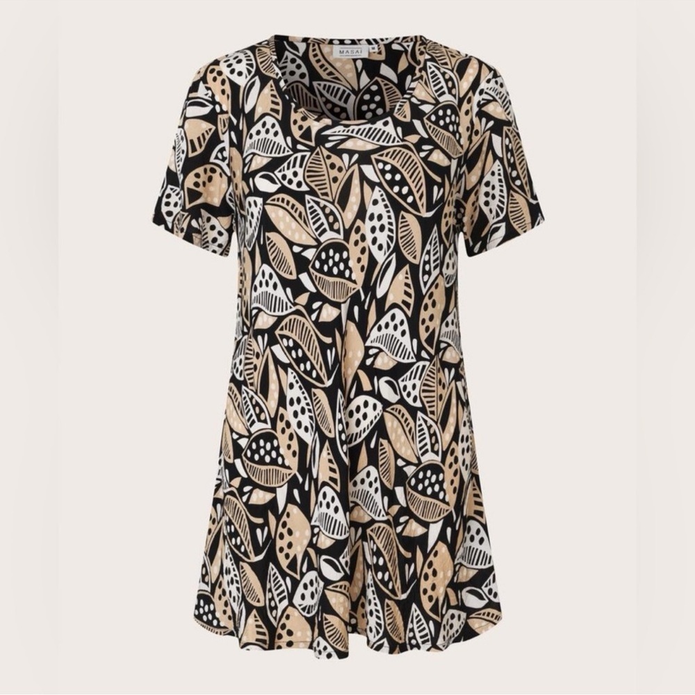 MASAI Leaf Print Black and Cream Women's Top NWT
